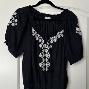 Lucky Brand Black Blouse with White Floral Embroidery